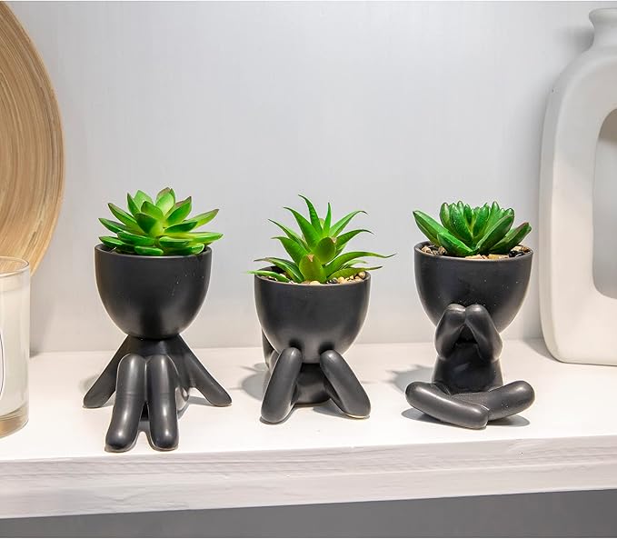 3PCS Human-Shaped Potted Artificial Plants Office Decor for Women and Men, Small Fake Plants Decor for Bedroom and Bathroom, Cute Faux Succulent Desk Decor for Office and Home, Black