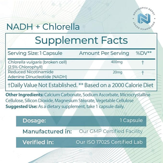 Nootropics Depot NADH + Chlorella vulgaris (Broken Cell) 400mg Capsules | Nicotinamide Adenine Dinucleotide 20mg | Chlorophyll 10mg | Energy, Alertness, Mental Clarity & Healthy Aging, 30 Count