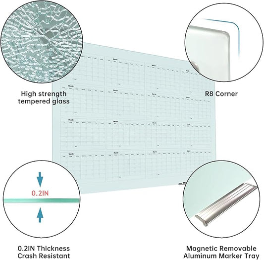 Magnetic Glass Yearly Calendar Whiteboard - Glass Dry Erase Board 48"x36" Large Frameless Glass Board for Walls Office School and Home