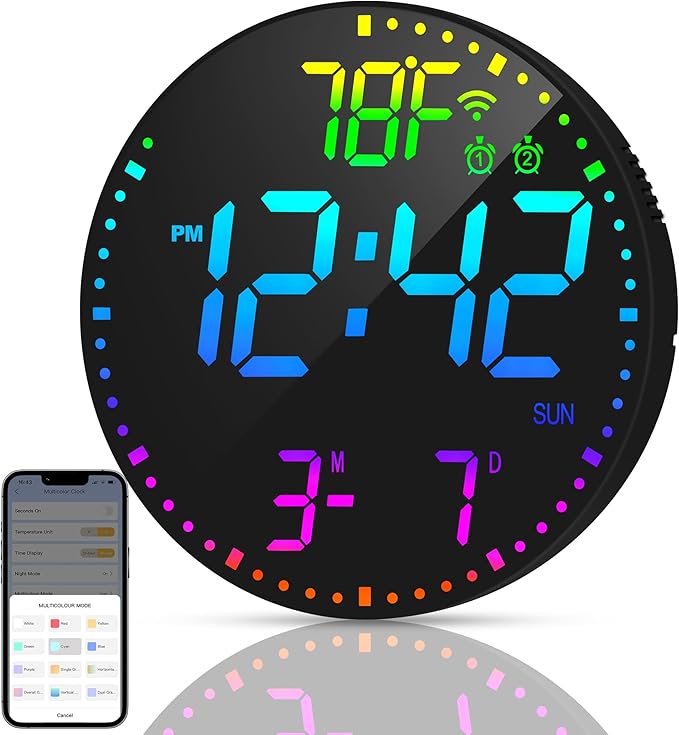 Kasbin 12” Digital Wall Clock with App Control, Large LED, WiFi Sync, Date Temperature, Auto Brightness, Seconds Display, Dual Alarm, 12 RGB Colors for Living Room, Office, Bedroom, Gift for Elderly