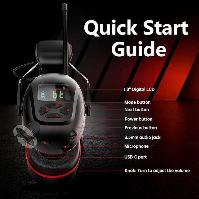 Bluetooth 5.4 Hearing Protection AM FM Radio Headphones with Digital Display, 30 SNR Noise Reduction Safety Earmuffs with Rechargeable 2000 mAh Large Battery, Ear Protector for Mowing Lawn Work