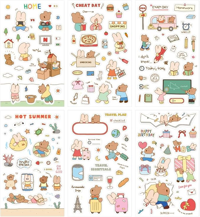 Monolike Happy & Lucky Littles Theme Sticker 6P Set - Aesthetic Removable Stickers for Journaling, Scrapbooking, Multicolor, Size: 4.33 x 5.51 inches