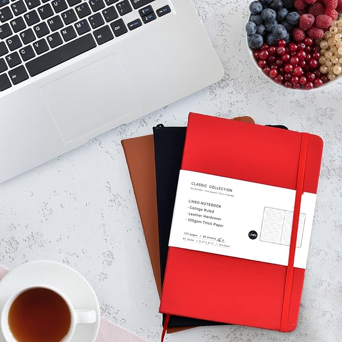 6 Pack A5 Journal Notebooks College Ruled Notebook Classic Leather Hardcover Lined Journals for Writing Office School Home Business, 8.3 x 5.5 inch, 100GSM Thick Paper, 160 Pages (Multicolor, 6 Pack)