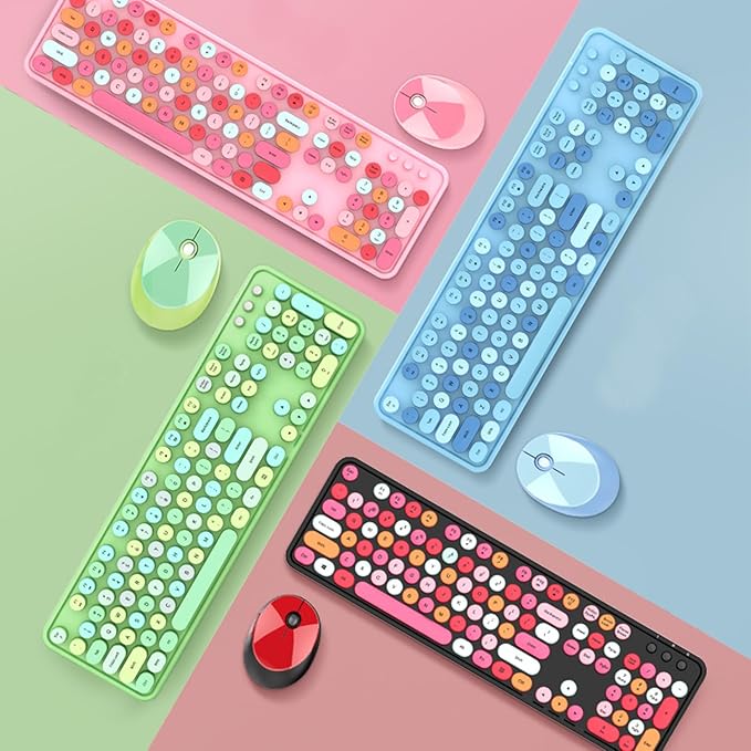 GTSP Colorful Wireless Keyboard and Mouse Combo, Cute Keyboard Retro Typewriter with Round Keycaps for Computer Laptop Desktops PC Mac 2.4GHz Dropout-Free Connection (Multicolor Black)