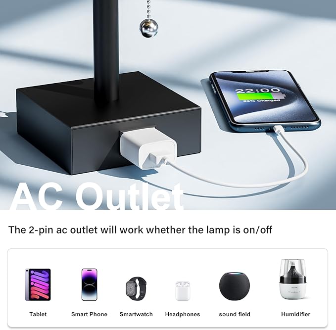 Black Table Lamps for Bedroom Set of 2 - Nightstand Lamp with AC Outlet Charging Port, 3 Color Temperatures Desk Light with Bulb, Small Tabletop Reading Lamp for Living Room/Dorm/Office