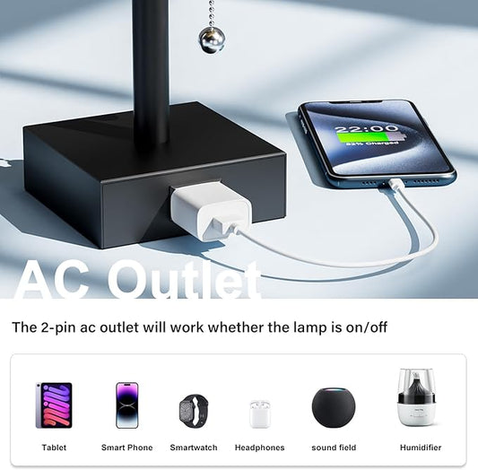 Black Table Lamps for Bedroom Set of 2 - Nightstand Lamp with AC Outlet Charging Port, 3 Color Temperatures Desk Light with Bulb, Small Tabletop Reading Lamp for Living Room/Dorm/Office