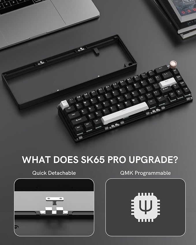 Womier SK65 Wireless Mechanical Gaming Keyboard with Knob, 60 Percent Aluminium Keyboard for PC, Bluetooth 5.0/2.4GHz/USB-C Wired, Hot Swappable Custom Lineaner Switch, RGB Backlit (Black V2)