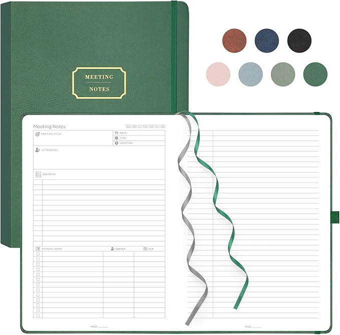 EMSHOI Meeting Notebook for Work with Action Items - 240 Pages A4 Large Project Planner Agenda Organizer Work Notebook for Women Men Office Business, PU Leather Hardcover, 8.5" x 11", Dark Green