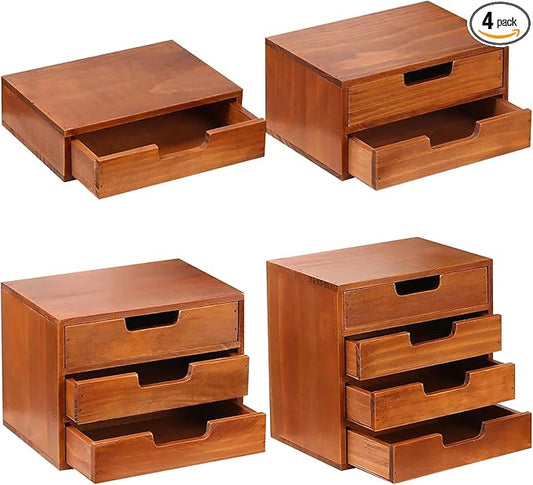 4-piece Drawer Cabinet Bundle Set - Modern Mahogany Wood Stackable Units - Multi-level Drawer Desktop Storage Organizers (4-Pack)