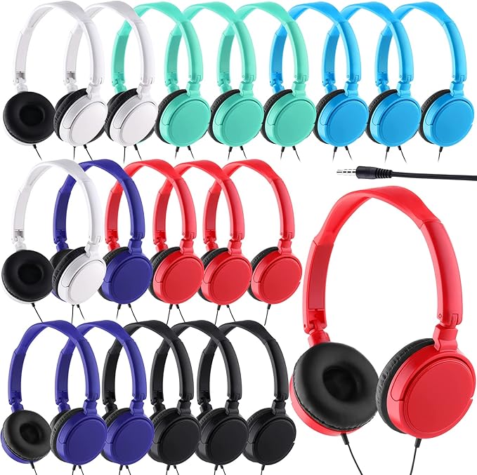 Yunsailing 18 Pack Classroom Headphones Bulk Student Wired Class Headphones Set for Kids School with Individually Wrapped Adjustable Over Ear Head Earbuds(Multicolor)