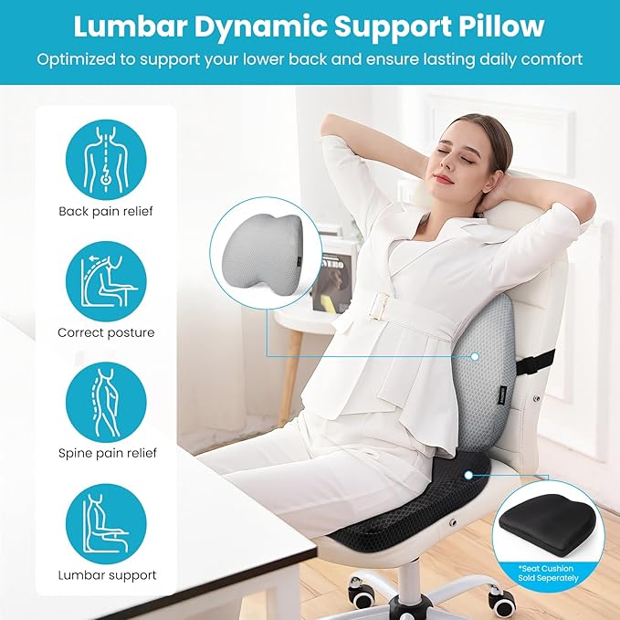 Lumbar Support Pillow Office Chair Car Back Pillow, Ergonomic Lower Back Pain Relief Breathable Air Fiber Cushion for Long Sitting Worker Driver & Handicapped, Adjustable Strap (Light Grey)