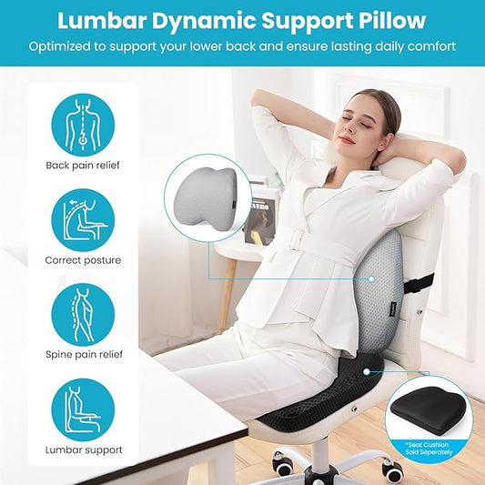 Lumbar Support Pillow Office Chair Car Back Pillow, Ergonomic Lower Back Pain Relief Breathable Air Fiber Cushion for Long Sitting Worker Driver & Handicapped, Adjustable Strap (Light Grey)