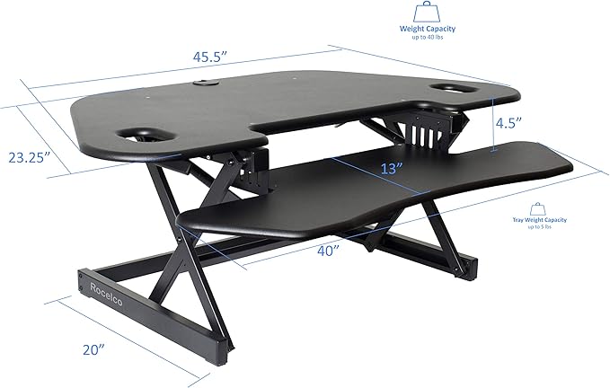 Rocelco 46" Height Adjustable Corner Standing Desk Converter with Anti Fatigue Mat BUNDLE, Quick Sit Standup Dual Monitor Riser, Computer Workstation-Keyboard Tray, (R CADRB-46-MAFM), Black