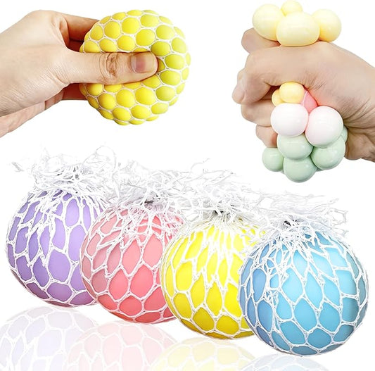 Stress Balls for Kids Fidget Toys Adults Mesh Grape Stress Ball (4Pack) Squishy Toys Fidget Squish Dough Ball Autism Sensory Toys for Autistic Children Stress Relief Toy Party Favors for 8-12