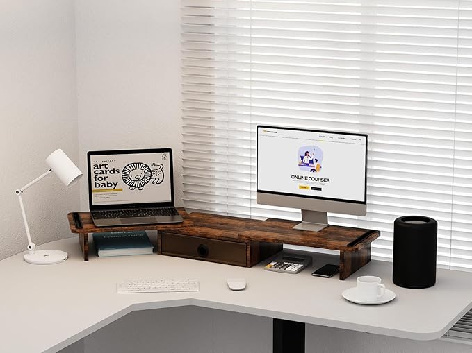 Dual Monitor Stand Riser with Drawer-Adjustable Length and Angle, Monitor Stand Riser for 2 Monitors, Desktop Organizer Stand for Computer/Laptop/PC/Printer (Rust Brown)
