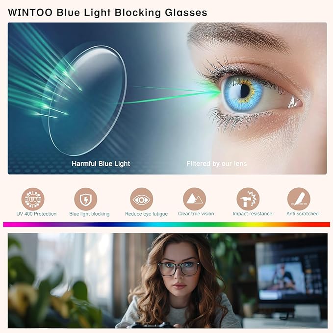 Blue Light Glasses for Woman Men | 99% Blue Light Blocking Glasses | Computer Glassess | Night Driving | Gaming | TV Phone Screen Reader Square Frame | Anti Eyestrain & UV Glare Protection