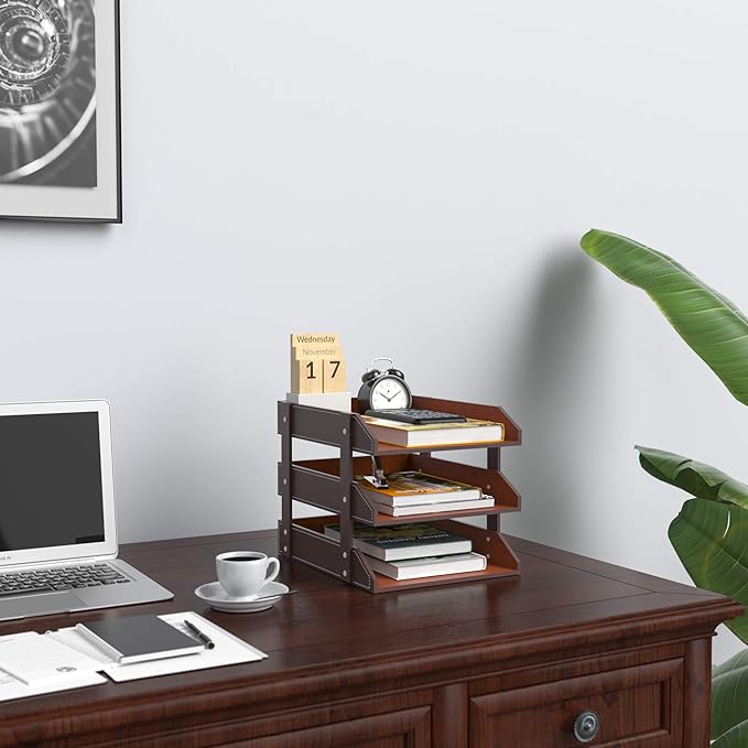 Leather Desk Organizer, NIFIVE 3-Tier Stackable Document Tray, Perfect Desktop Organization Holder for Files, Folder, Stationery, Magazine, Newspaper, Mail, Office Supplies (Brown)