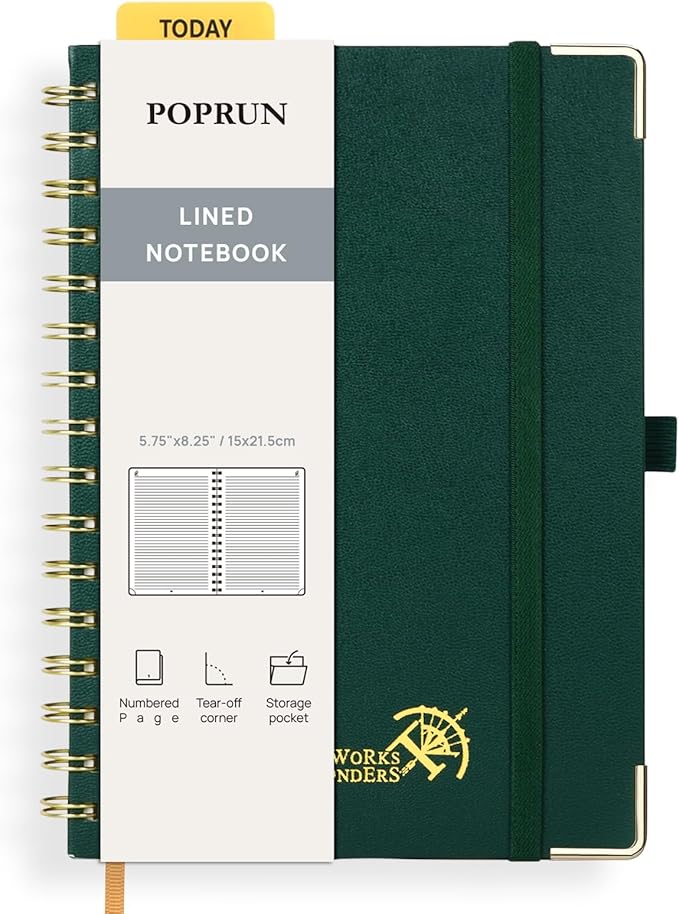 POPRUN Lined Spiral Journal Notebook, [A5-5.75'' x 8.25''] - 120 GSM Thick Paper, 141 Numbered Pages, College Ruled Notebook for Men & Women with Pocket, Index Tabs, 8 Perforated Sheets, Dark Green