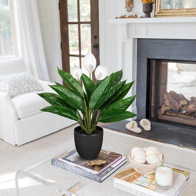 Fake Plants 20'' Faux Plants Artificial Potted Plants Indoor Realistic White Anthurium Artificial Flowers, Fake Potted Plants for Home Office Farmhouse Kitchen Bathroom Table Shelf Decor