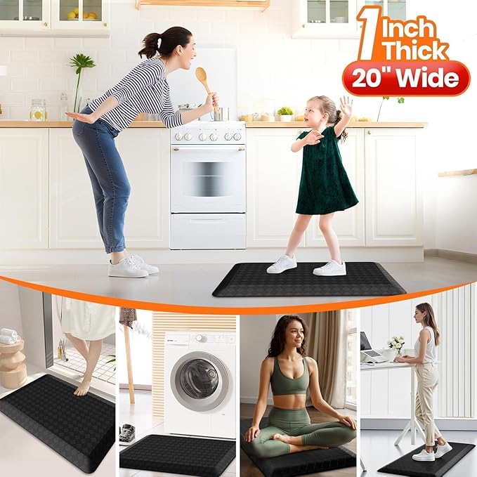 StepRite 1” Thick Kitchen Mats for Floor, Anti Fatigue Kitchen Rugs, Non-Slip,Heavy Duty Waterproof Kitchen Rug, Standing Desk Mat for Home, Kitchen, Office, (Black)