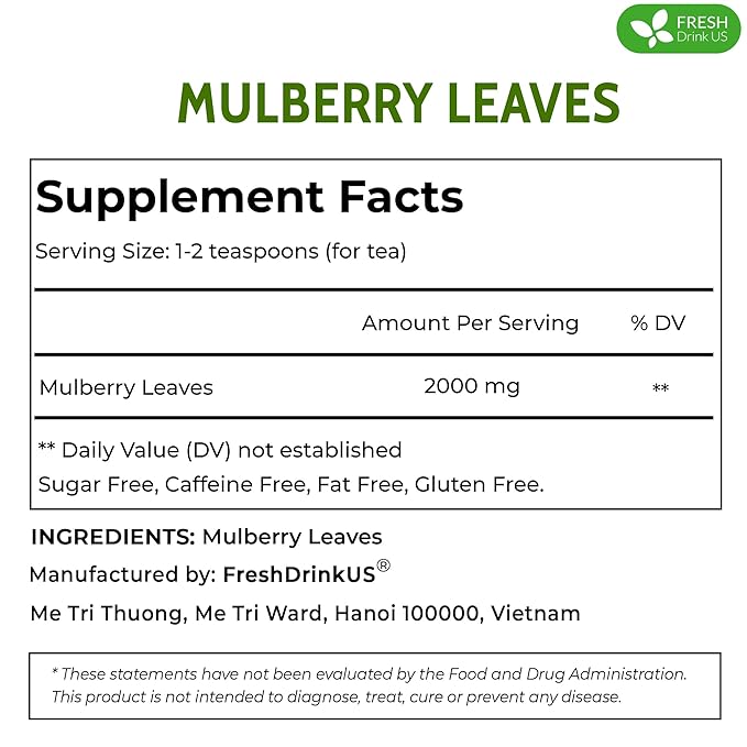 FreshDrinkUS, Permium 8oz Mulberry Leaves, 100% Natural & Pure from Mulberry Leaves, Mulberry Leaf Tea, Mulberry Loose Leaf Herbal Tea, No Additives, No Caffeine, Vegan