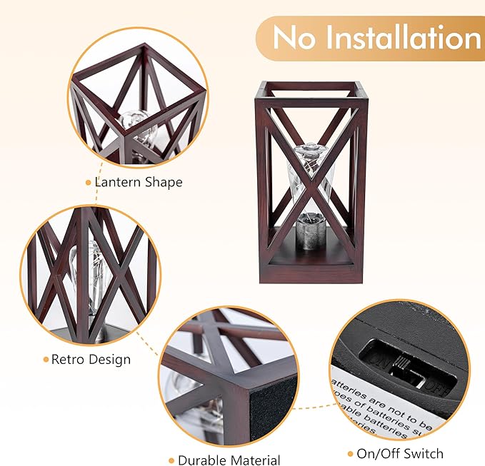 WINGBO 2 Pack Retro Battery Powered Table Lamps, Battery Operated Cordless Lamp Set, Portable Nightlight Decorative Light for Living Room Dining Room Bedroom Entryway Patio Backyard, Walnut Finish