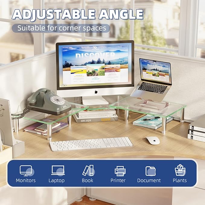 Simple Trending Dual Monitor Stand Riser, Computer Office Desktop Organizer for 2 Monitors with Tempered Glass, Adjustable Length and Angle Stand for Laptop,Printer,TV