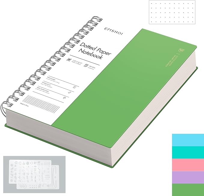EMSHOI B5 Spiral Dotted Notebook, 7.48"x10.15" Dot Grid Journal, 150 Sheets/300 Pages, 100gsm Paper, Waterproof Softcover for Men Women, Office, School, Work, Writing, Bullet Journaling – Green
