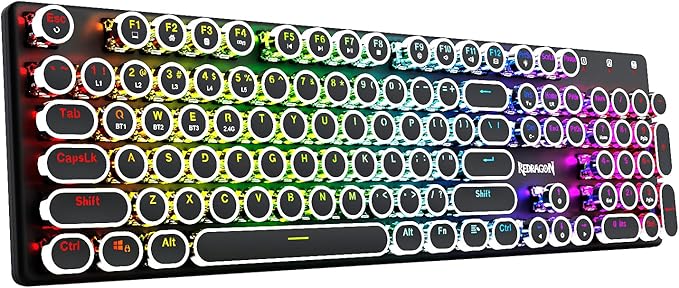 Redragon K710 Wireless Typewriter Style Mechanical Gaming Keyboard, Bluetooth/2.4Ghz/Wired, RGB Backlit, Rechargeable, Blue Switch - Clicky, Metal Panel, Round Keycaps, Black