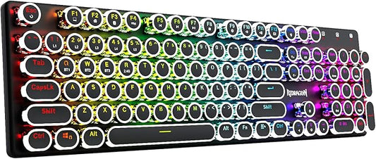 Redragon K710 Wireless Typewriter Style Mechanical Gaming Keyboard, Bluetooth/2.4Ghz/Wired, RGB Backlit, Rechargeable, Blue Switch - Clicky, Metal Panel, Round Keycaps, Black
