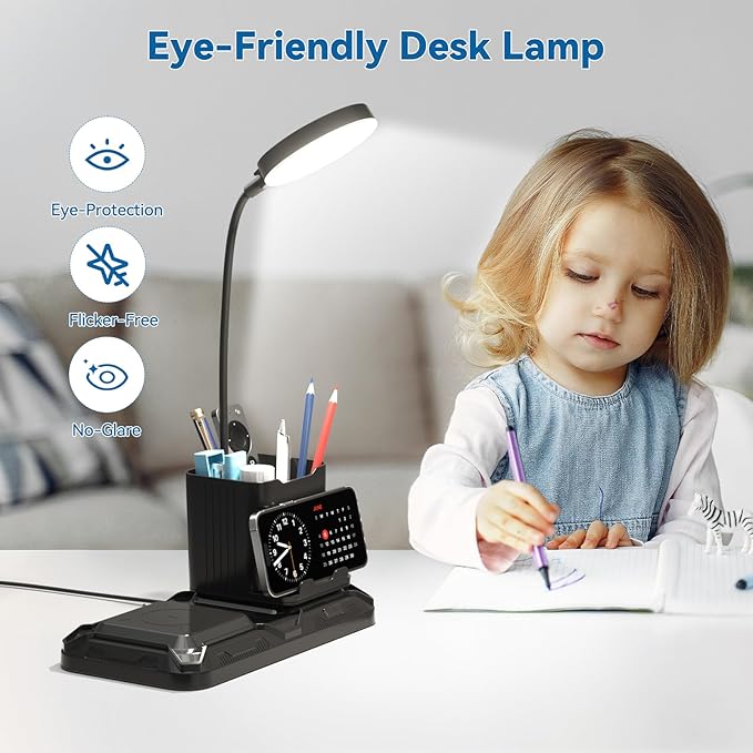 KDD 4 in 1 Desk Lamp with Wireless Charger - 360° Rotating Gooseneck Small Table Lamp with Pen Holder & Phone Stand, Adjustable White and Warm Light Dual Mode LED Desk Light for College Dorm Room