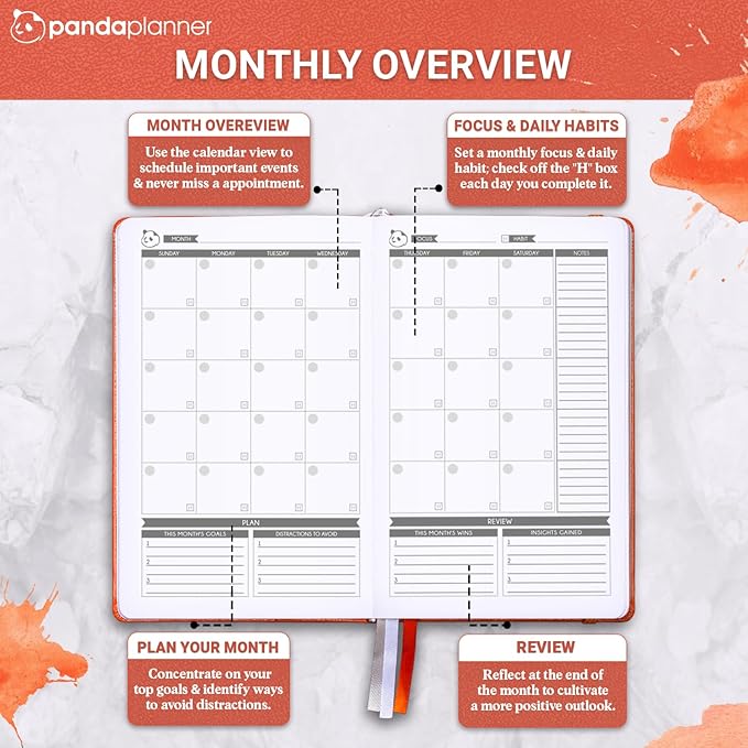 Panda Planner Daily Planner 2025-2026 – Classic Undated Productivity Planner & Hourly Schedule Notebook – Day Planner for Focus & Goals – Orange