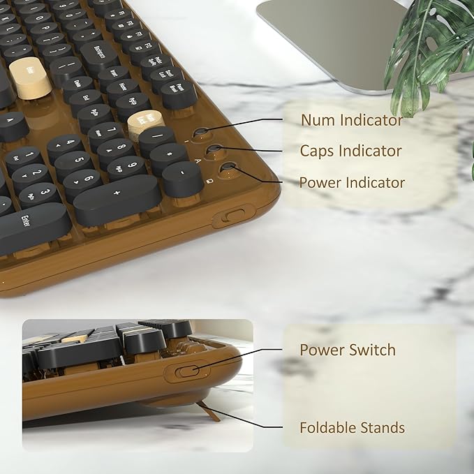 Wireless Computer Keyboards Mouse Combos, COVEVA Colorful Typewriter Retro Keyboard with Round Keycaps, USB Keyboard and Mouse Set 2.4GHz Full-Size Wireless Keyboard and Optical Mouse（Black-Coffee）