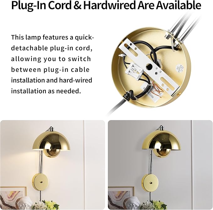 COSYLUX Modern Sleek Plug in Wall Sconce, Hardwired & Corded 2in1 Design Metal Wall Light Fixtures for Bedroom Bedside Reading, Mid-Century Flower Bud Wireless Wall Sconces with Switch, Gold