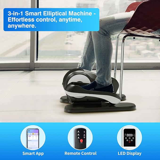 Under Desk Elliptical Machine with App – Quiet & Portable Electric Pedal Exerciser with Adjustable Speed and LED Display for Home and Office, Seated Ellipse Leg Exerciser Fully Assembled