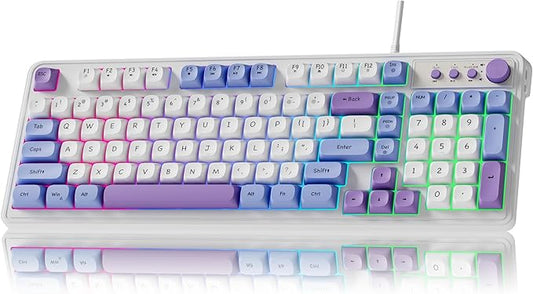 EWEADN G98 RGB Gaming Keyboard Wired, Retro Creamy Membrane Keyboards with Media Knob, Number Pad RGB Backlit, 98 Keys Quite Membrane Computer Keyboard for MAC Xbox PC Gamer- Sky Blue