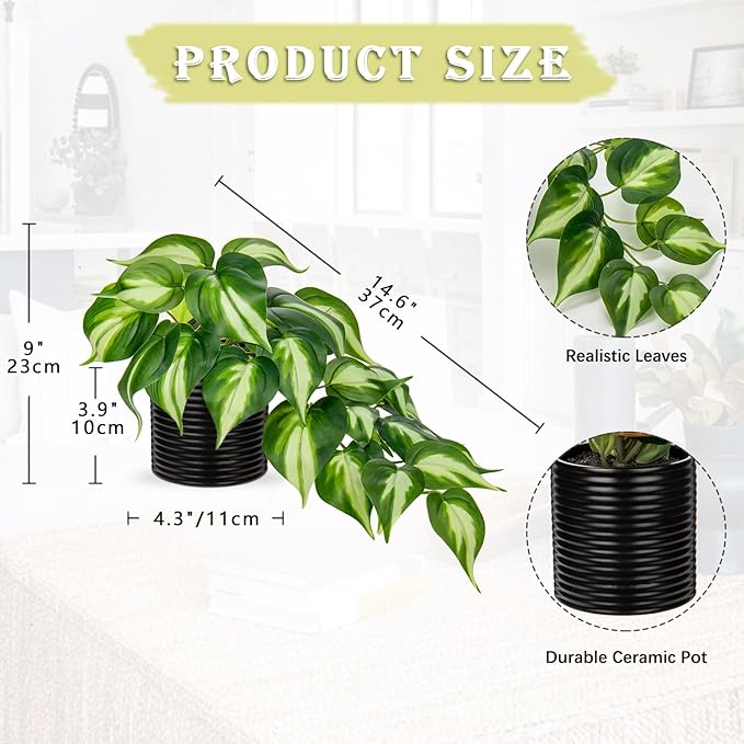 Hollyone Artificial Pothos Plants Potted Fake Ivy Plants in Black Ceramic Pot Faux Hanging Plants Indoor for Home Living Room Shelf Office Aesthetic Decor