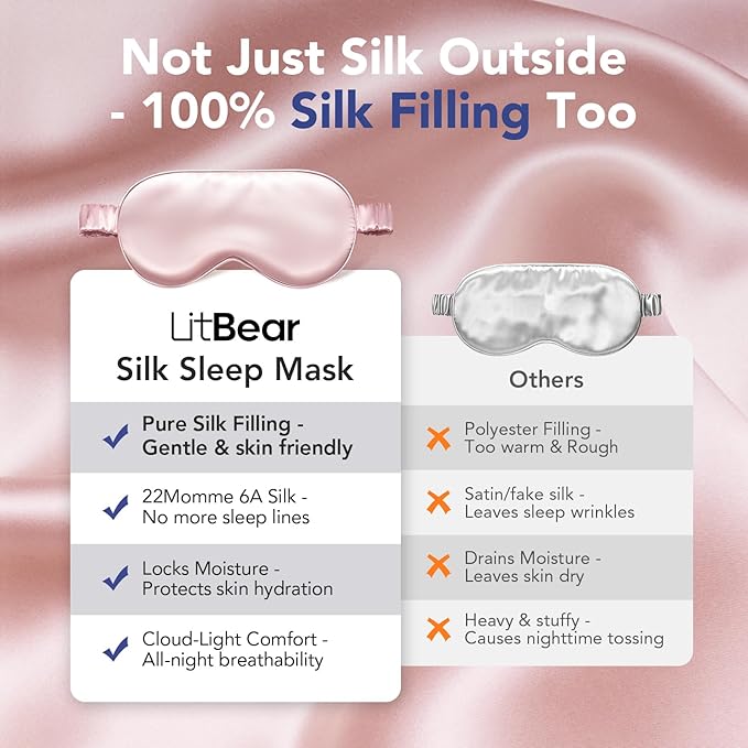 LitBear 100% Pure Silk Sleep Mask, 22 Momme 6A Mulberry Silk Fabric and Filling, Total Light Blocking Eye Mask Sleeping for Women, Men, Side Sleepers, Includes Travel Pouch and Scrunchie