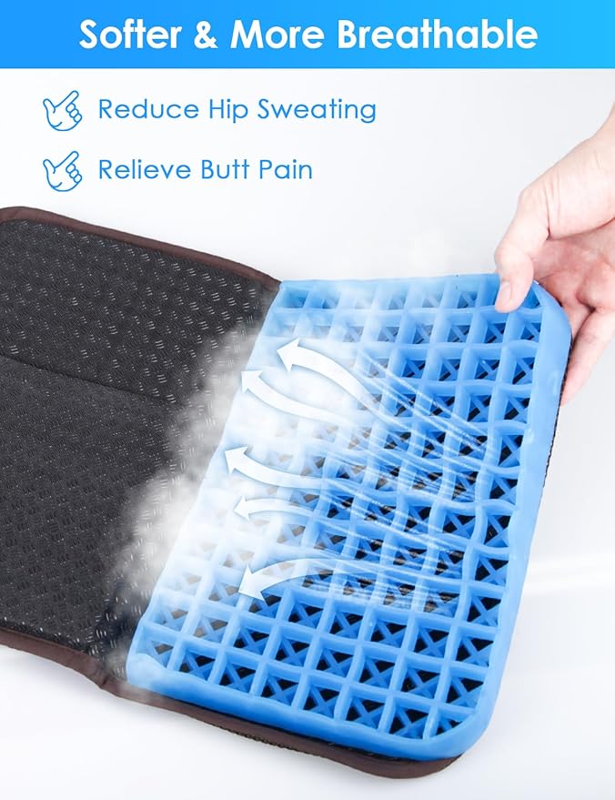 Gel Seat Cushion Portable Massage Travel Cushions, 14.5" x 10.5" Thick Foldable Seat Cushion for Car Office Chair Wheelchair Hip, Coccyx, Sciatica, Pressure Sores Tailbone Pain Relief