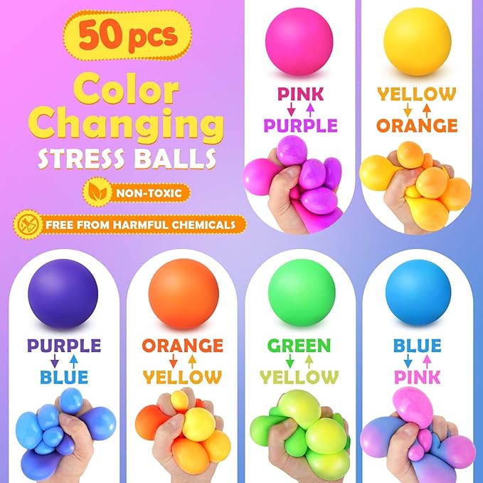Stress Balls Bulk for Kids and Adults: 50 Pack Mini Squishy Ball for Anxiety Relief - Color Changing Sensory Ball Fidget Toys for Autistic Children, Classroom Prizes Goodie Bag Stuffers (1.8")