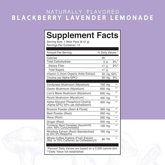 Roots Focus Nootropic Brain Supplement, BlackBerry Lavender Lemonade, Blend of Lion's Mane, Cordyceps, & Reishi Functional Mushrooms with Extended-Release Caffeine, 15 Servings