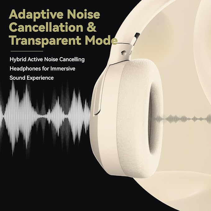 Hybrid Active Noise Cancelling Headphones, Wireless Over Ear Bluetooth Headphones with Mic, 40H Playtime, Hi-Res Audio, Deep Bass, Foldable Comfort Fit Ear Cups for Travel, Office, Home (White)