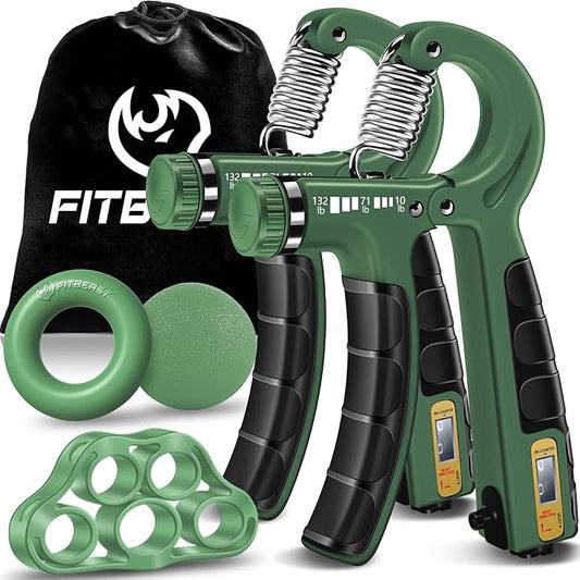 FitBeast Hand Grip Strengthener Workout Kit (5 Pack), 2 Forearm Grip Adjustable Resistance Hand Gripper, Finger Stretcher, Grip Ring & Stress Relief Grip Ball for Athletes