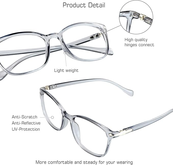 VisionGlobal Blue Light Blocking Glasses for Women/Men, Anti Eyestrain, Computer Reading, TV Glasses, Stylish Square Frame, Anti Glare(Clear Gray,+6.00 Magnification)