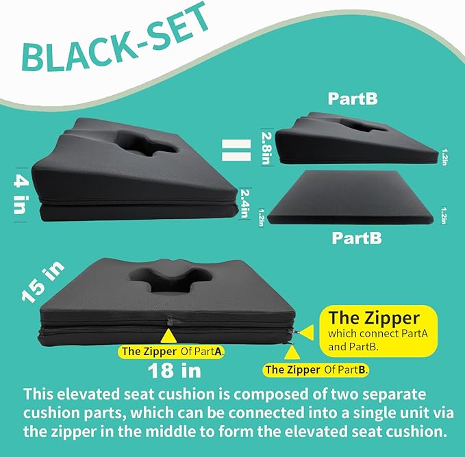 Gel Wheelchair Seat Cushion,Bed Sore Cushions for Butt,Relieve Sciatica,Coccyx,Pressure Sore and Ulcer Pain Relief Pillow,Cushion for Office Chairs,Removable&Washable Cover.(Elevated Set Black)