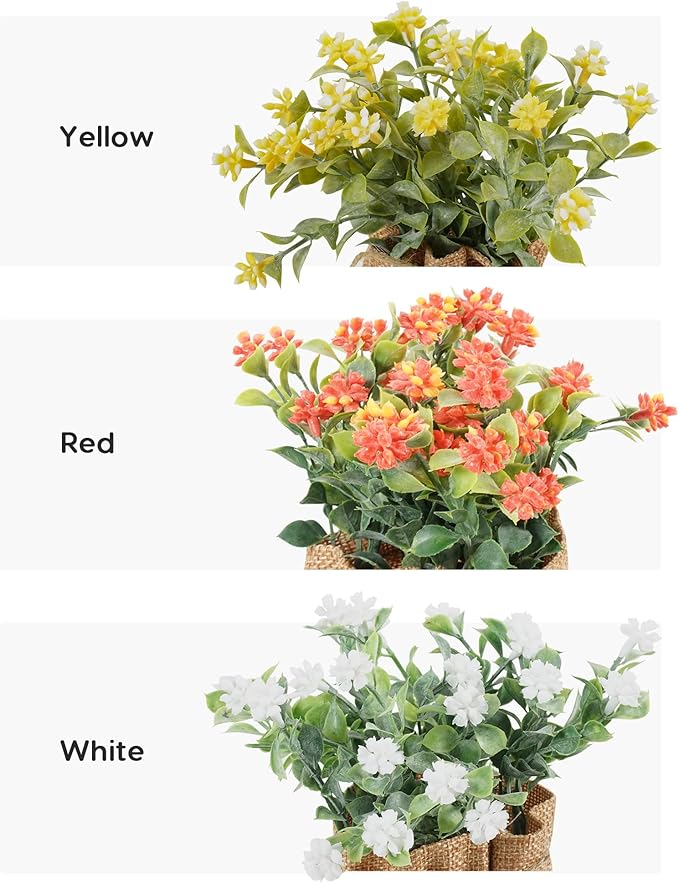Velener Artificial Flowers in Small Burlap Bag Vases 3Pcs - Faux Flowers Farmhouse Home Coffee Table Bookshelf Office Desk Decor Kitchen Dining Room Fake Plants Indoor(Red/White/Yellow)