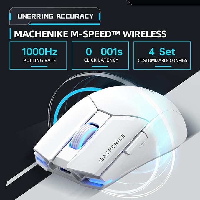 Machenike Wireless Gaming Mouse,26,000 DPI,PAW3395 Sensor,RGB Backlit,Ergonomic Design,6 Programmable Buttons,Long Battery Life,Ultra-Lightweight,White Gaming Mice Compatible with PC, Mac