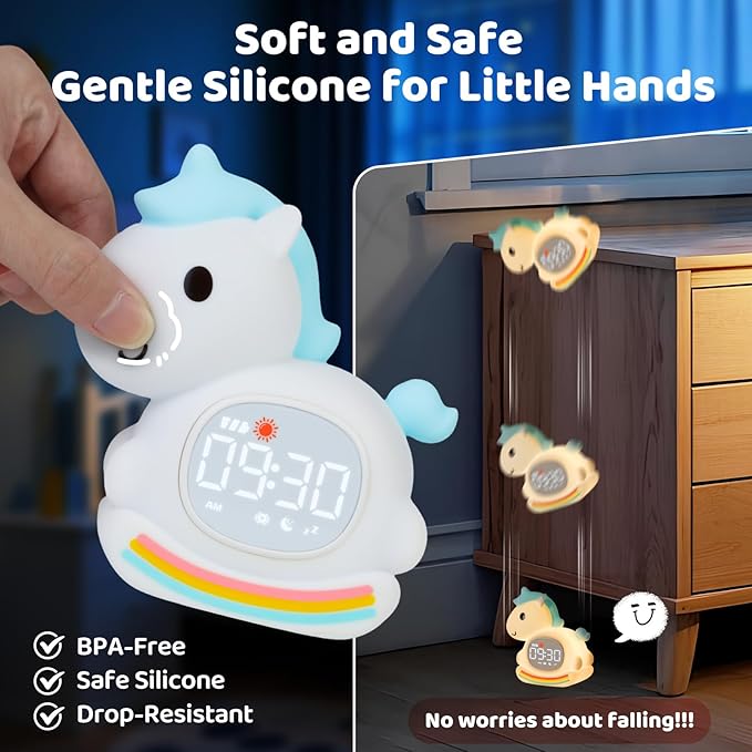 Alarm Clock with Night Light for Kids with Sleep Training and Sound Machine, Rechargeable Silicone Lamp OK to Wake Clock，Cute Animal Tabletop Lamp, Perfect Sleep Companion for Boys Girls，Blue Pony