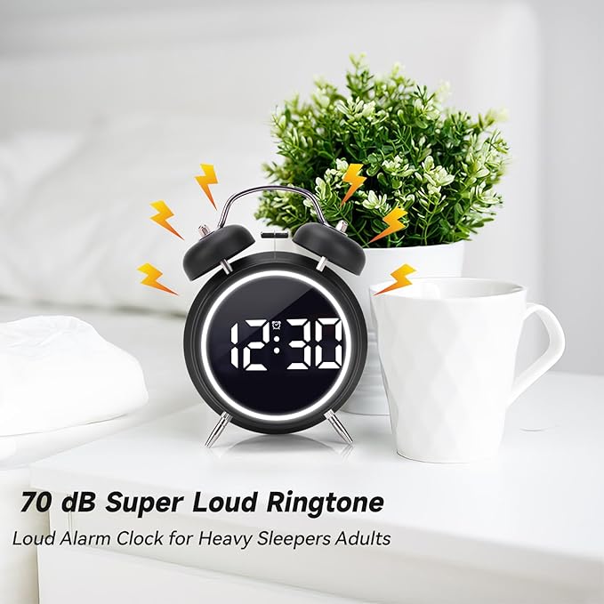 Digital Small Alarm Clock, 4.5 Inch Double Bell Electronic LED Alarm Clock, Plug in or Battery Operated Silent Metal Table Clock, Modern Loud Bedside Clock for Heavy Sleepers Adults Kids (Black)