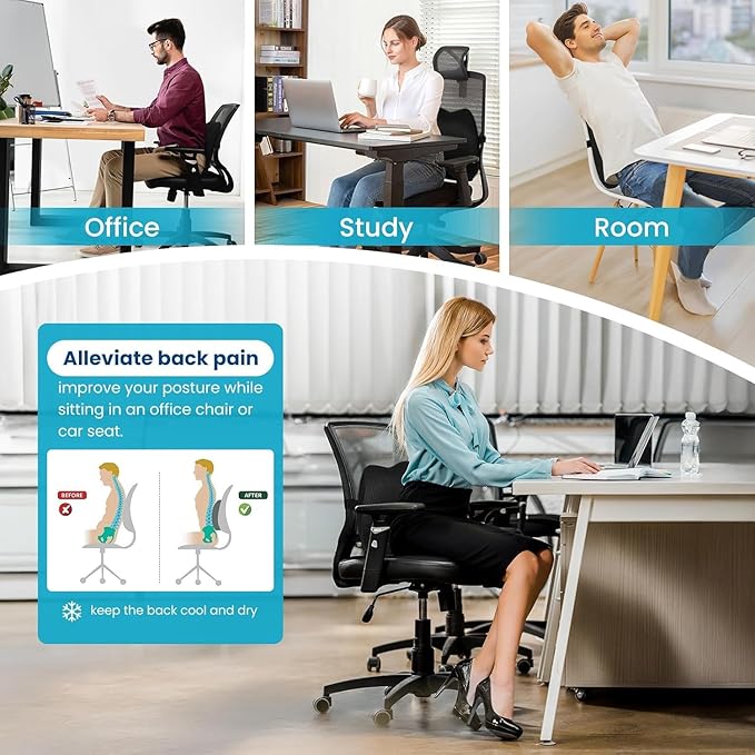 Lumbar Support Pillow Office Chair Car Back Pillow, Ergonomic Lower Back Pain Relief Breathable Air Fiber Cushion for Long Sitting Worker Driver & Handicapped, Adjustable Strap (Dark Grey)